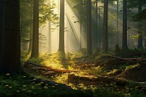 ai generato mattina nel il foresta con raggi di sole e raggi di luce, ai generato foto