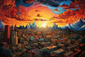 ai generato aereo Visualizza di il città a tramonto. digitale pittura illustrazione, un' paesaggio urbano durante tramonto con tutti edifici apparendo colorato e luminosa, ai generato foto
