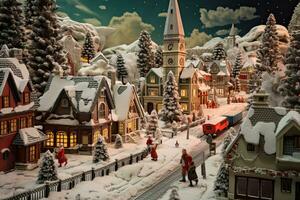 ai generato neve coperto Natale cittadina con Santa Claus nel il sfondo. Santa Claus e il suo aiutanti, ai generato foto