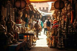 ai generato Visualizza di incognite nepalese persone a piedi nel thamel strada nel Kathmandu nel il pomeriggio, ai generato foto