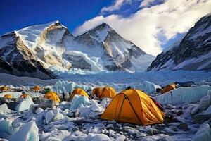 ai generato campeggio su il ghiacciaio nel Himalaya, annapurna conservazione la zona, Nepal, ai generato foto