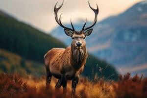 ai generato rosso cervo cervo nel il Scozzese Highlands durante il autunno stagione, cervo nel il selvaggio HD 8 mila sfondo azione fotografico Immagine, ai generato foto