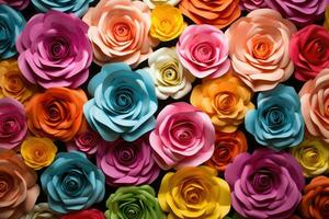 ai generato colorato Rose sfondo. superiore Visualizza. piatto posizione. vicino su, creare un' fondale di colorato carta Rose, ai generato foto