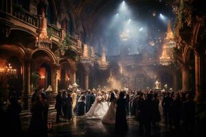 ai generato nozze cerimonia nel il vecchio città di lviv, Ucraina, un' magico sera a un' masquerade sfera, ai generato foto