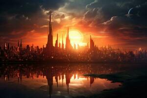 ai generato panoramico Visualizza di il orizzonte di il città a tramonto, un' pieno di speranza Alba al di sopra di un' città cielo, ai generato foto