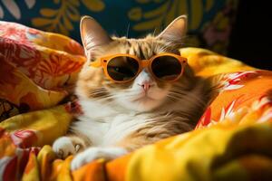 ai generato un' gatto vestito su nel occhiali da sole è addormentato nel un' amaca, foto