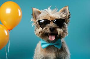 ai generato compleanno festa cane nel occhiali, foto