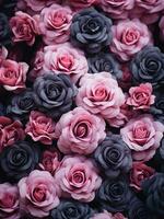 ai generato un' foto di molti rosa Rose con nero sfondo