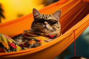 ai generato gatto nel un' amaca posa su il giallo sfondo con occhiali da sole Su, foto
