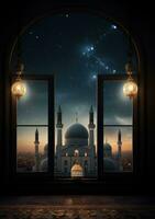 ai generato sognante notte di Ramadan con il Luna e il moschea attraverso il finestra foto