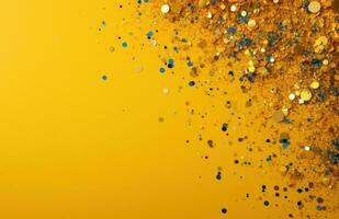 ai generato oro e colorato coriandoli particelle su un' giallo sfondo, foto