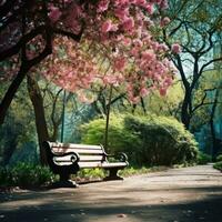 ai generato un' tranquillo, calmo Immagine di un' solitario parco panchina annidato tra fioritura alberi e lussureggiante verde, foto