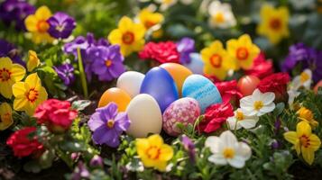 ai generato un' colorato giardino ambientazione con Pasqua uova nascosto tra il fiori foto