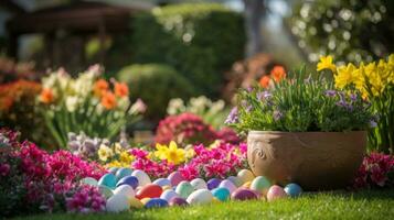 ai generato un' colorato giardino ambientazione con Pasqua uova nascosto tra il fiori foto