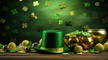 ai generato un' festivo st. Patrick giorno scena con trifogli, cappelli, foto