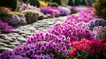 ai generato un' sbalorditivo primavera giardino con vivace rosa e viola fiori nel pieno fioritura, foto