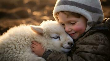 ai generato un' giovane ragazzo dolcemente colpi il lanuginoso pelliccia di un' bambino agnello annidato contento su il suo giro. foto