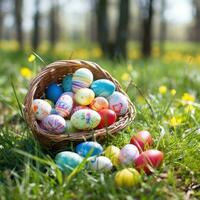 ai generato un' tradizionale Pasqua cestino pieno con colorato uova e annidato nel verde erba. foto