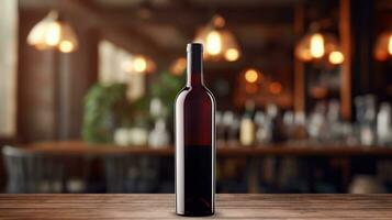 ai generato vino bottiglia con vuoto davanti, realistico su un' modello modello nel un' di legno tavolo nel ristorante foto