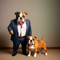 ai generato uomo d'affari con un inglese bulldog cane testa nel un' completo da uomo. isolato sfondo. antropomorfo animali. foto