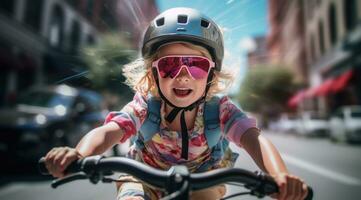 ai generato un' carino ragazza indossare un' casco su sua bicicletta equitazione giù il strada, foto