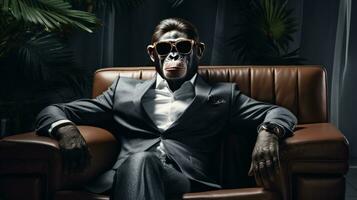 ai generato un' scimpanzé nel un' completo da uomo, seduta su un' divano con occhiali da sole, foto