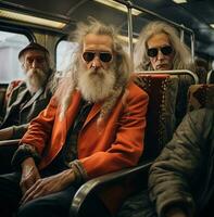 ai generato un' gruppo di vecchio uomini siamo a piedi su un' treno, foto