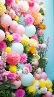 ai generato fioritura fiori e colorato palloncini impostato il Perfetto fondale foto