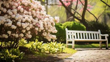 ai generato un invitante primavera giardino con un' di legno panchina e un' fioritura albero nel il sfondo, foto