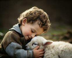 ai generato un' giovane ragazzo dolcemente colpi il lanuginoso pelliccia di un' bambino agnello annidato contento su il suo giro. foto