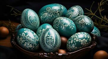 ai generato grande gruppo di verde Pasqua uova con verde decorazioni foto