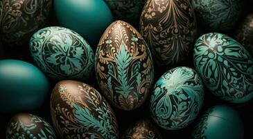 ai generato grande gruppo di verde Pasqua uova con verde decorazioni foto