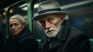 ai generato vecchio uomini su un' treno e cappelli su loro testa foto