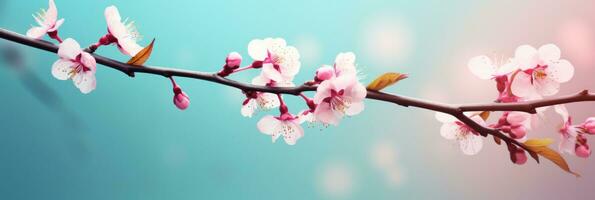 ai generato rosa sakura ramo con fiori su un' blu sfondo, foto
