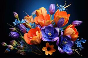 ai generato fiori luminosa colorato Bellissima, fiore su un' buio sfondo, arancia e blu foto