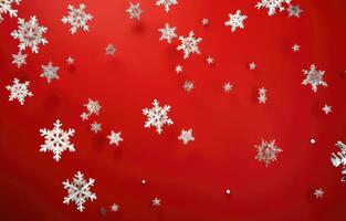 ai generato Natale i fiocchi di neve caduta nel rosso sfondo con bianca i fiocchi di neve cadente, foto