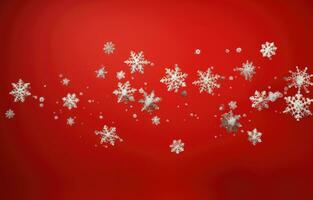 ai generato Natale i fiocchi di neve caduta nel rosso sfondo con bianca i fiocchi di neve cadente, foto