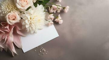 ai generato bianca fiore mazzo e vuoto carta su un' calcestruzzo sfondo, foto