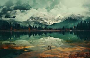 ai generato un' verde lago con montagne su il sfondo foto