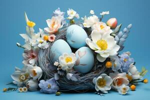 ai generato Pasqua uova nel nido con tulipani su blu sfondo, infusa simbolismo foto