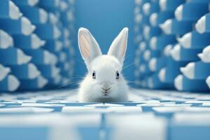 ai generato un' bianca coniglio è guardare al di sopra di il scatola di blu dietro a lui foto