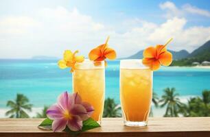ai generato Due bicchieri di tropicale bevanda con fiore su superiore foto