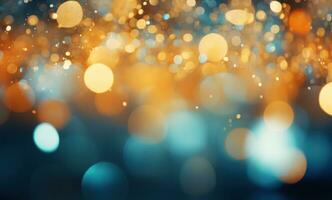 ai generato leggero bokeh blu e oro sfondo foto