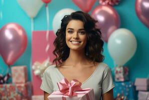 ai generato giovane donna con regali nel mano sorridente su rosa sfondo foto
