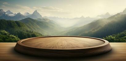 ai generato un' di legno circolare tavolo prospiciente alcuni erboso montagne foto