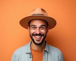 ai generato un' giovane uomo indossare un' cappello è guardare nel il direzione di il suo telecamera foto