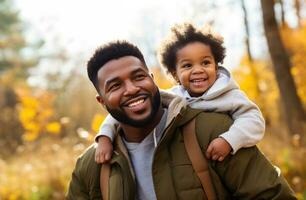 ai generato nero africano papà e figlia nel il natura contento famiglia foto