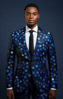 ai generato uomo d'affari a partire dal porta Harcourt, Nigeria, in piedi nel nero completo da uomo e blu legare, foto