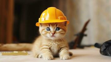 ai generato carino gattino nel costruzione sicurezza cappello foto