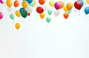 ai generato colorato Multi colore coriandoli palloncini galleggiante al di sopra di bianca sfondo foto